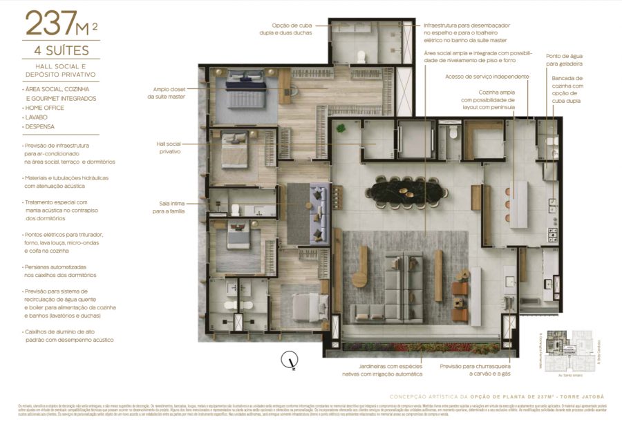 Concepção artística da opção de planta de 237 m² - Torre Jatobá