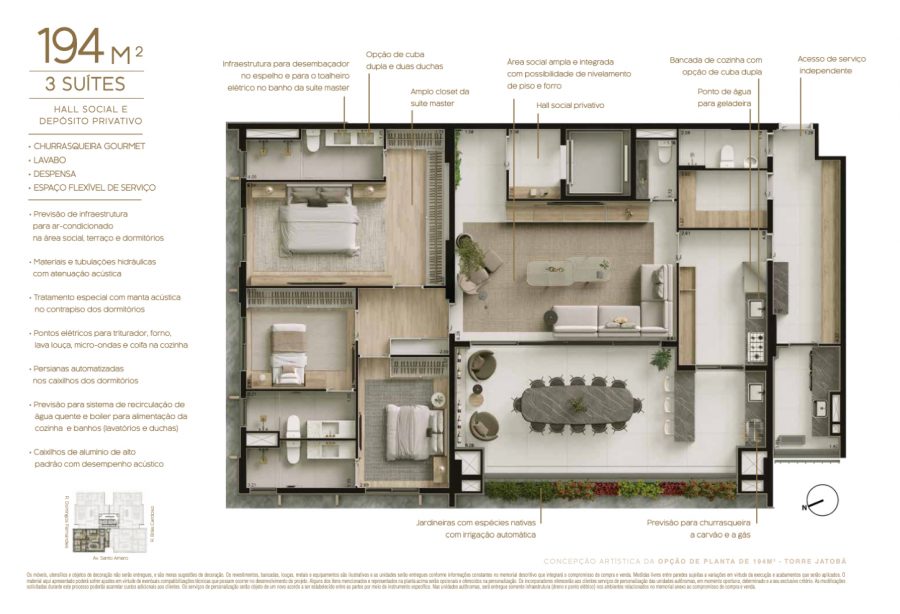 Concepção artística da opção de planta de 194 m² - Torre Jatobá