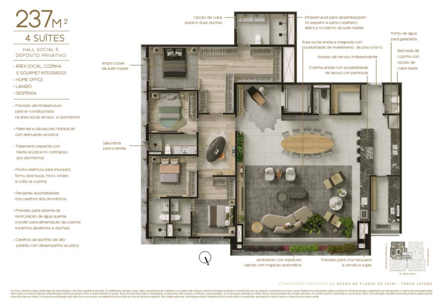 Concepção artística da opção de planta de 237 m² - Torre Jatobá