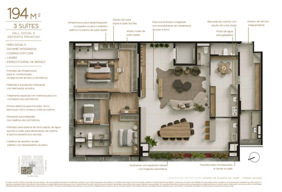 Concepção artística da opção de planta de 194 m² - Torre Jatobá