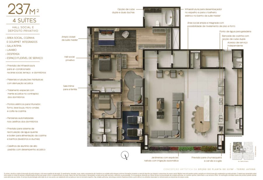 Concepção artística da opção de planta de 237 m² - Torre Jatobá