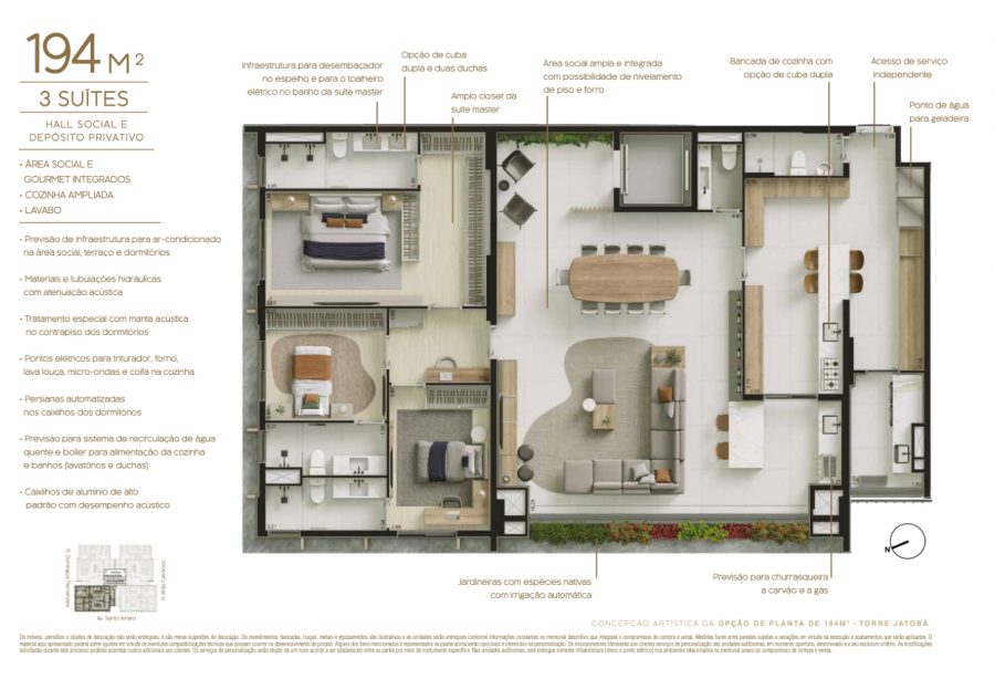 Concepção artística da opção de planta de 194 m² - Torre Jatobá