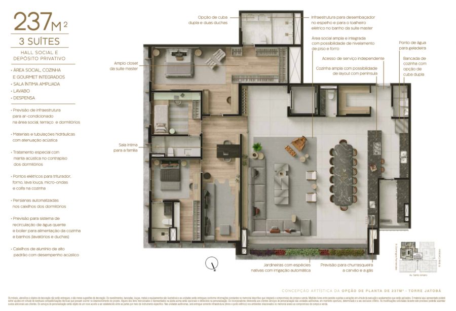 Concepção artística da opção de planta de 237 m² - Torre Jatobá