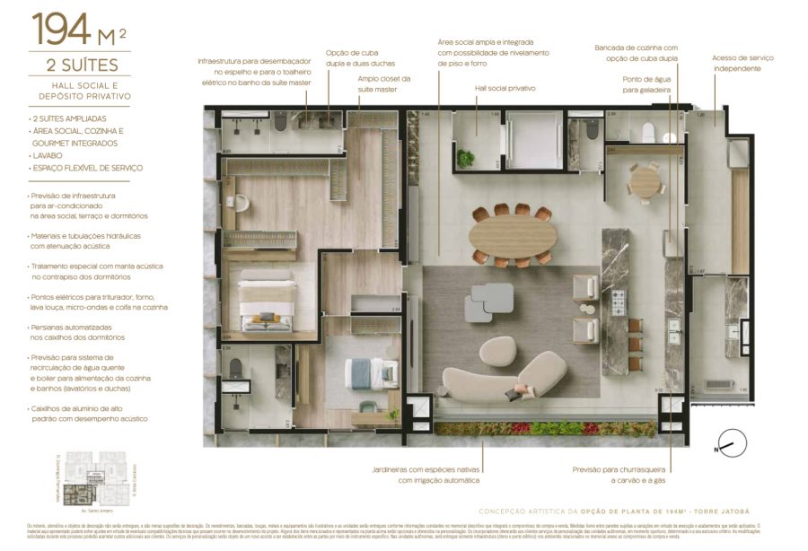 Concepção artística da opção de planta de 194 m² - Torre Jatobá